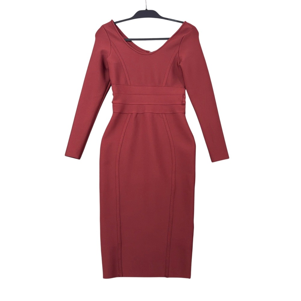 Alieva Burgundy Long Sleeve Bandage Bodycon Midi Dress Red Size M Full Zip Back - Picture 1 of 6